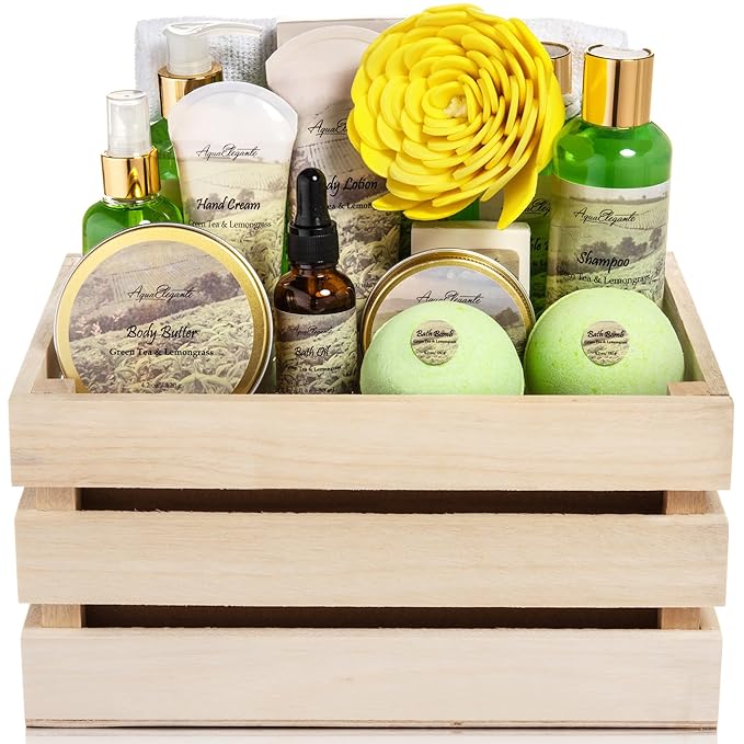 Bath Spa Gift Sets - Luxury Basket With Green Tea & Lemongrass - Spa Kit Includes Wash, Bubble Bath, Lotion, Bath Salts, Body Scrub, Body Spray, Shower Puff, Bathbombs, Soap and Towel