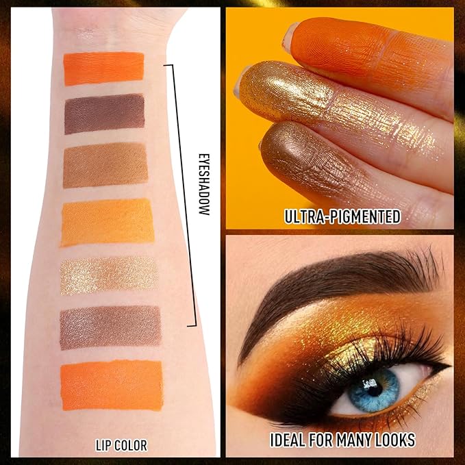 BOBISUKA Makeup Eyeshadow + Matte Lipstick Set, 6 Colors Orange Brown Warm Sunset Shimmer Matte Metallic Fall Eye Shadow Pallet with Orange Liquid Lipstick Makeup Kit for Halloween, Scary Pumpkin