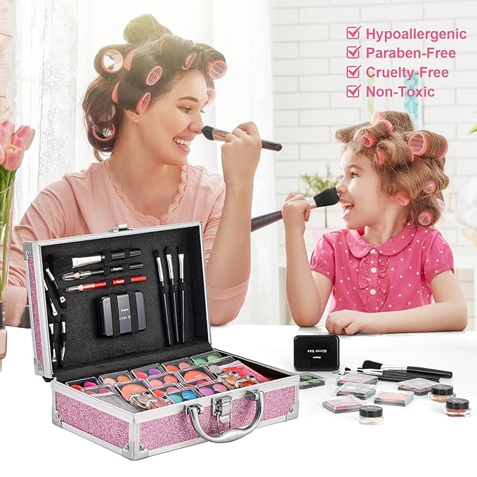 Anpro All-In-One Makeup Carry Case with Pro Teen Makeup Set, Full Starter Cosmetics Kit with Makeup Brushes, Lipsticks, Eye Shadows Palette, Blushes, Glitter Gel-Purple