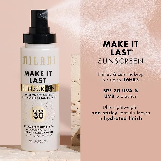 Milani Sunscreen Setting Spray + Primer, Make It Last Sunscreen for Face- SPF 30 UVA & UVB Protection Antioxidant Rich Formula for Broad Spectrum Protection, Prime + Set + Protect, 2.02Fl. Oz - 2 Pack