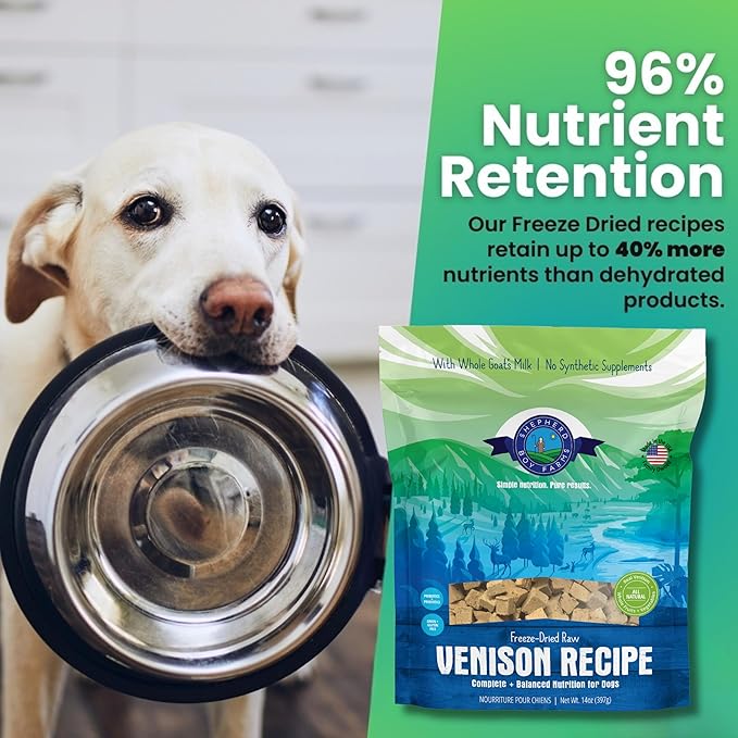 Freeze Dried Raw Dog Food, Venison Recipe, All Natural, No Synthetics, Made in USA with Goat's Milk & Organic Produce, High Protein, Complete Meal (14oz)