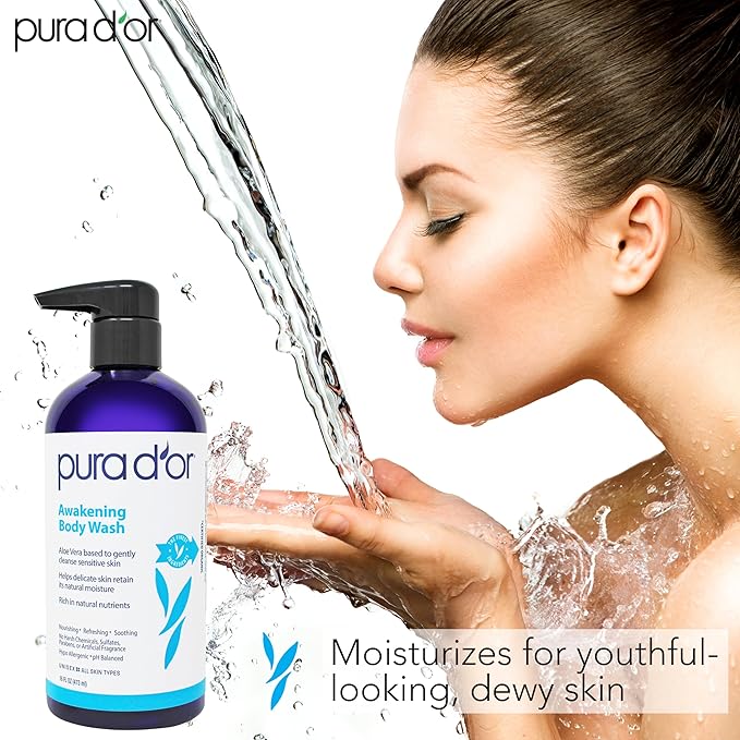 PURA D'OR Awakening Body Wash (16oz x2 = 32oz) Aloe Vera, Chamomile, Lavender, Tea Tree for Invigorating Earthy Scent, pH Balanced for Moisturized Soft, Fresh-Feeling Skin, All Skin Types, Men & Women