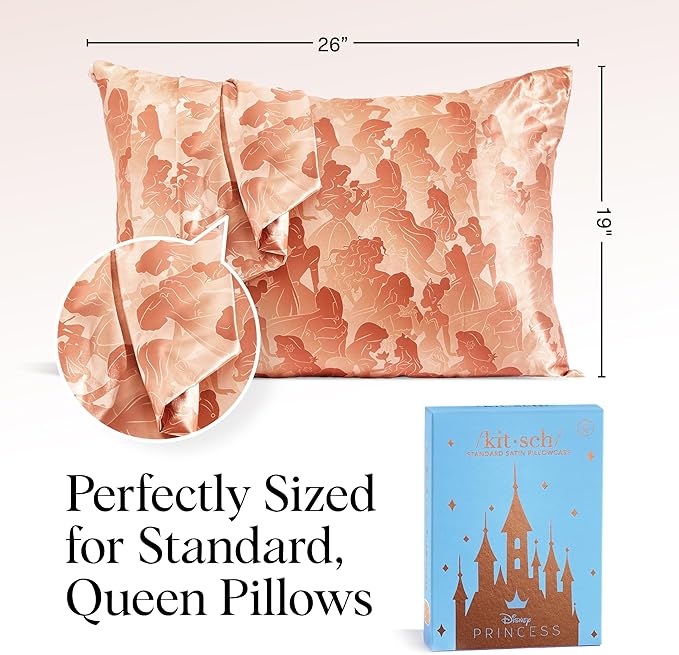 Kitsch & Disney Princess Satin Pillowcase with Zipper for Hair & Skin - Softer Than Silk Pillow Cases, Smooth Pillow Covers, Wrinkle-Free, Queen/Standard (19x26)
