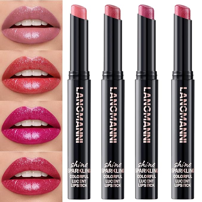 Jolilab 4Pcs Sparkling Lipstick Lip Gloss Long Lasting Waterproof Moisturizer Lip Balm Glitter Shimmer Metallic Lipstick, Diamond Shiny Bold Glow Goth Lipstick for Women Girls,Non-sticky(01+02+07+08