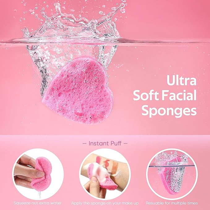50-Count Heart Shape Compressed Facial Sponges for Daily Facial Cleansing and Exfoliating, 100％ Natural Cosmetic Spa Sponges for Makeup Remover