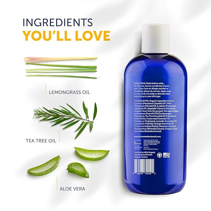 Truremedy Naturals Tea Tree Oil & Lemongrass Body Wash – 12 oz Natural Antifungal Shower Gel for Skin Irritations – Organic Oils, No Sulfates – Refreshing, Moisturizing Soap for Men & Women
