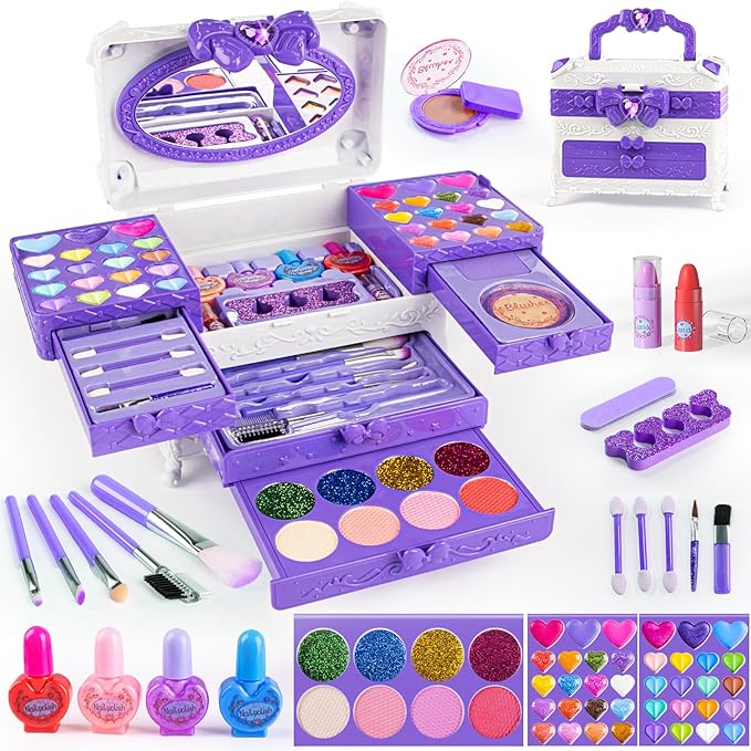Kids Makeup Sets for Girls, 66pcs Real Cosmetic for Kids Toys with Mirror, Princess Washable Girls Makeup Kit, Non-Toxic & Safe Brithday Gifts for 3 4 5 6 7 8 10 - 12 Years Old（Purple White）