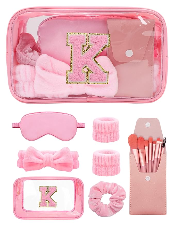Gift Sets for Women, Initial Makeup Bag with Makeup Brush Set Bachelorette Party Favors, Pink Spa Kit with Skincare Headbands Wrist Bands Sleepover Party Supplies Gifts for Teen Girls Bridesmaid K