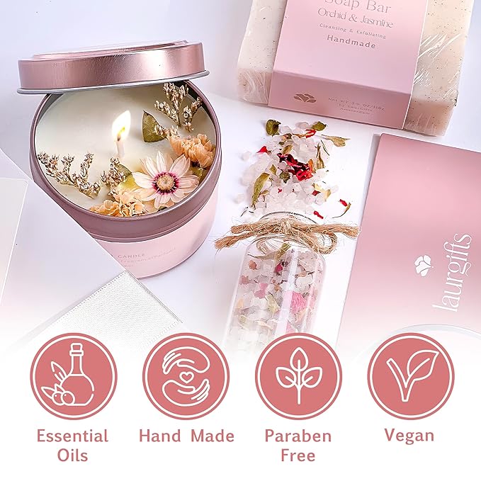Orchid & Jasmine Spa Box for Women – Birthday & Pink Gifts, Self Care & Relaxation Set with Candle, Soap & Bath Salts – Elegant Ready-to-Give Package for Mom, Sister, or Friend
