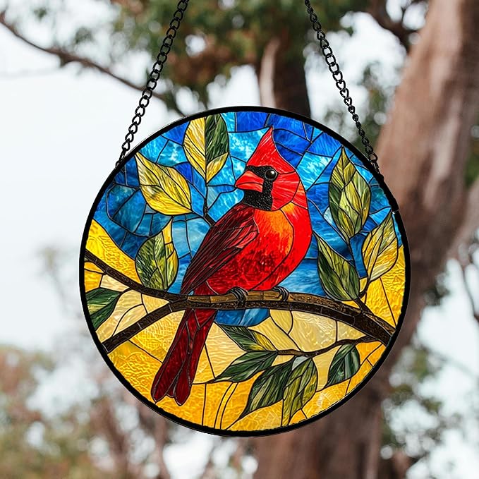 Stained Glass Window Hanging, Blue Sky Cardinal Sun Catchers Colorful Glass Panel Red Birds Suncatcher Decor for Birthday for Women, Men, Wife, Aunt, and Mom 14.9x14.9 in