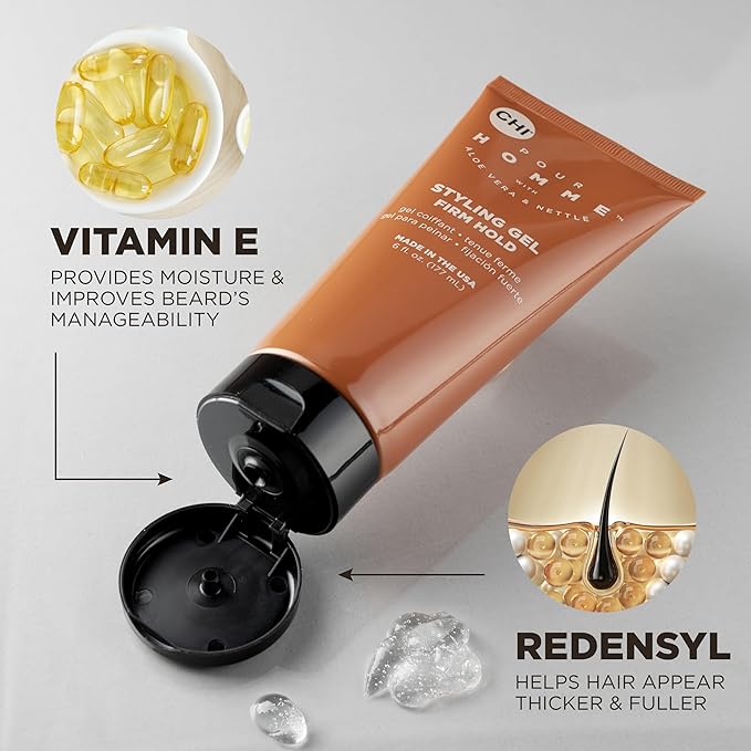 CHI Pour Homme Styling Gel for Men, Firm Hold Hair Gel for Maximum Shine & Defined Styles, Made With Aloe Vera & Nettle, Fresh, Woody Scent, 3 oz