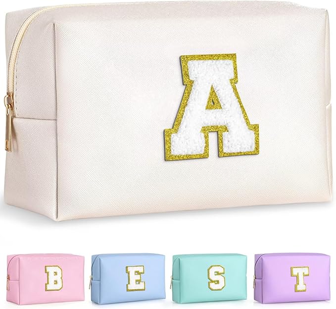 TOPEAST Initial Makeup Bag, Personalized Initial Bags with Zipper, Cute Makeup Pouch, PU Leather Waterproof Cosmetic Bag, Birthday Gift for Women, Preppy Things for Girls (White A)