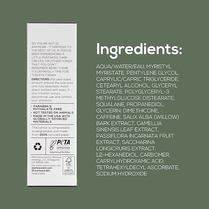 MARLOWE. No. 127 Mens Eye Cream with Vitamin C, Caffeine and Moisturizing Squalane for Puffiness, Wrinkles & Dark Circles, Targeted Under Eye Skin Care, 0.5 FL Oz