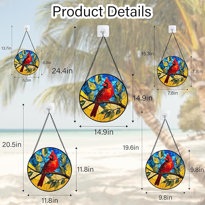 Stained Glass Window Hanging, Blue Sky Cardinal Sun Catchers Colorful Glass Panel Red Birds Suncatcher Decor for Birthday for Women, Men, Wife, Aunt, and Mom 14.9x14.9 in