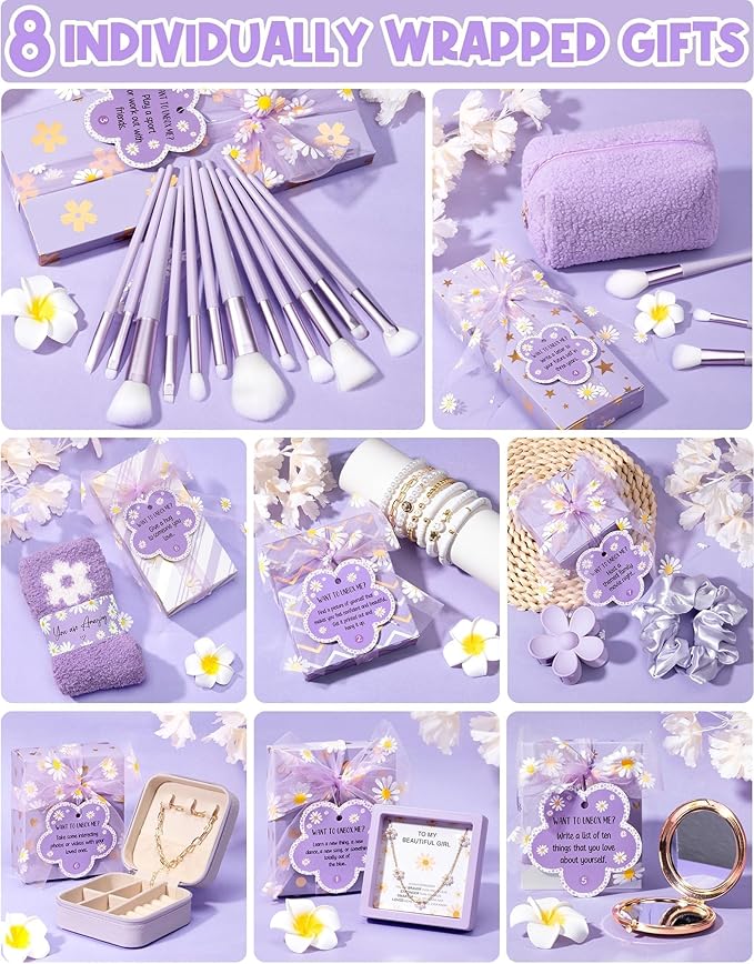 Birthday Gifts for Tween Teen Girls - 8 PCS Gifts Basket Teen Girl Gifts Trendy Stuff Girls Fun Empower Gift Box w/Task Tags Make up Brushes Makeup Bag, Graduation Gifts Idea for Her Niece Daughter