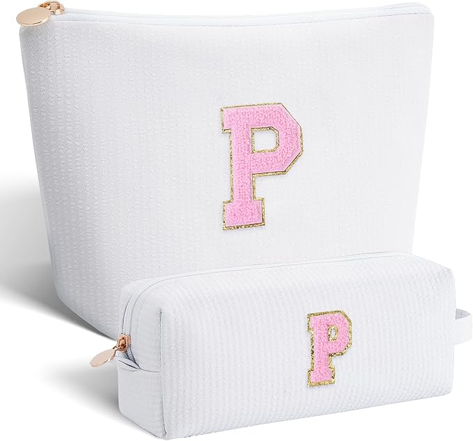 Personalized Makeup Bag for Women Girls - Fashion Cosmetic Bag Trendy Travel Toiletry Bag with Initials Letter - Teen Gifts - White,P