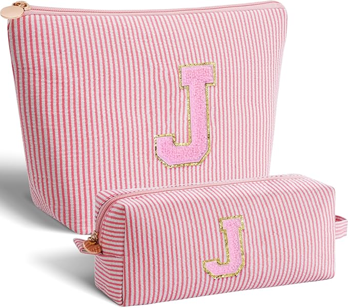 Monogrammed Gifts for Women - Cosmetic Bag for Teen,Initial Cute Makeup Bag Set for Women,Trendy Pouch for Niece Sister Friend Female Her,Birthday Gifts for Daughter - Peach,J