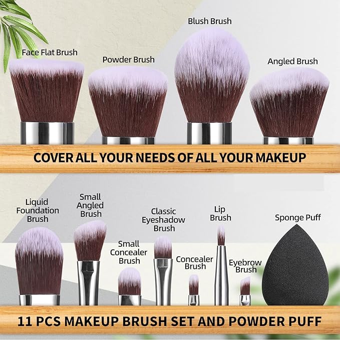 BS-MALL Makeup Brush Set 11Pcs Bamboo Synthetic Kabuki Brush Set Foundation Powder Blending Concealer Eye shadows Blush Cosmetics Brushes with Organizer Bag & Makeup Sponge (style, Count, 12)