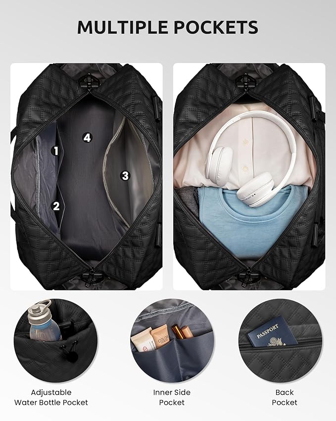 Initial Duffle Bag with Shoe Compartment, Personalized Weekender Bag, Monogram Overnight Bag for Women with Trolley Sleeve & Wet Pocket, Letter Travel Bag with Makeup Bag (Letter J), Black