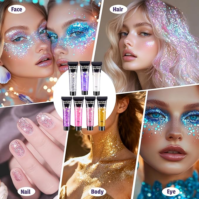 AROIC Kids Unicorn Hair Glitter，14Pcs Body &Face Shimmering Glitter Gel Set，Fairy Costume Sparkle Makeup for Girls，Holographic Sparkle Face Paint for Festivals Princess Birthday Party Gifts (7 Colors)