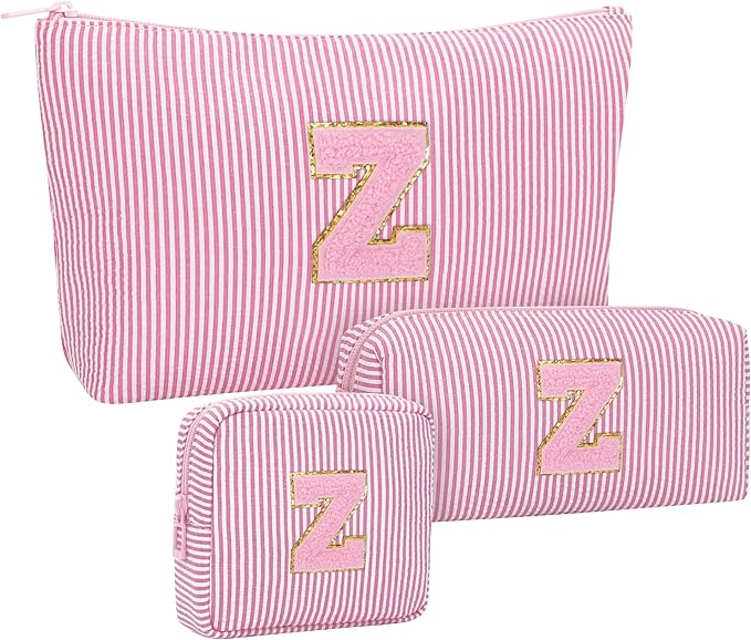 MONSTINA Personalized Initial Makeup Bagfor Women,Make Up Case for Girlfriend Bridesmaid Wife,Birthday Gift for Her Cute Toiletry Bag,3PCS,Pink Z
