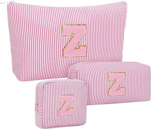 MONSTINA Personalized Initial Makeup Bagfor Women,Make Up Case for Girlfriend Bridesmaid Wife,Birthday Gift for Her Cute Toiletry Bag,3PCS,Pink Z