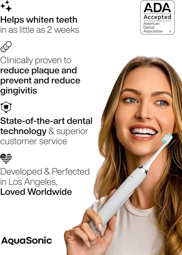 Aquasonic Vibe Series Ultra-Whitening Toothbrush – ADA Accepted Electric Toothbrush - 8 Brush Heads & Travel Case – 40,000 VPM Motor & Wireless Charging - 4 Modes w Smart Timer – Optic White