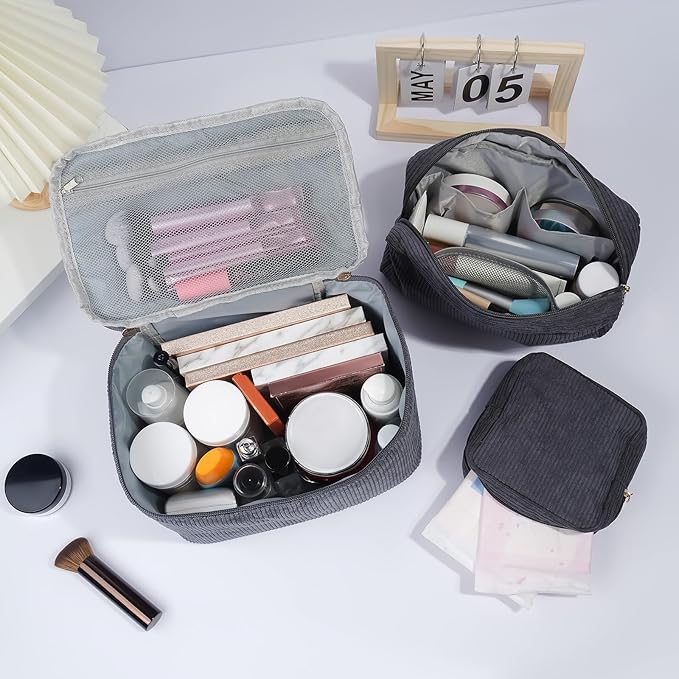 MAGEFY Small Makeup Bag for Purse Mini Cosmetics Bag Corduroy Cute Cosmetic Pouch for Women with Slip-in Pockets