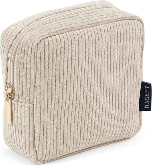 MAGEFY Small Makeup Bag for Purse Mini Cosmetics Bag Corduroy Cute Cosmetic Pouch for Women with Slip-in Pockets