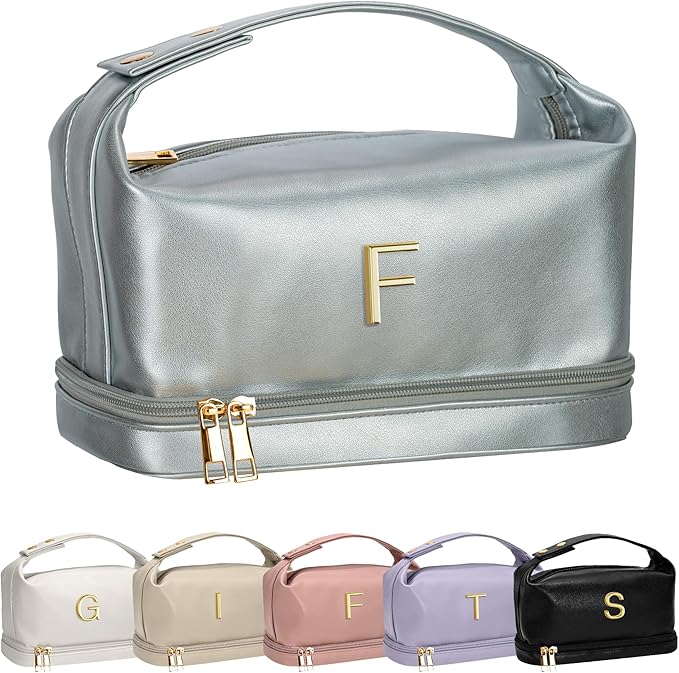 Gifts for Women, Personalized Makeup Bag Organizer with Handle, Initial Double Layer Cosmetic Bag with Makeup Brush Organizer, Cute Cosmetic Pouch for Women, Gifts for College Girls