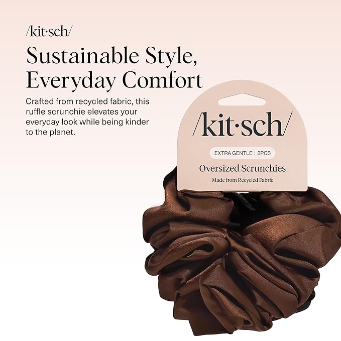 Kitsch Recycled Satin Oversized Scrunchies – Large Hair Scrunchies for Women, Eco-Friendly Hair Ties & Ponytail Holders | Ideal Gifts for Women - Black & Chocolate, 2pcs