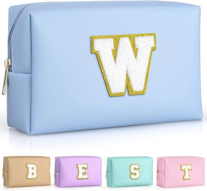 TOPEAST Initial Makeup Bags for Women, Cute Makeup Pouch, Waterproof Travel Toiletry Bag, Personalized Gifts for Girlfriend Wife on Valentine's Day Anniversary, Preppy Stuff Gift for Girl (Sky Blue W)
