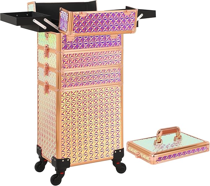 Rolling Makeup Case, Makeup Train Case with Lid, 5 in 1 Cosmetology Case on Wheels, Christmas Gift, Large Makeup Organizers, Profesional Cosmetic Case for Salon Barber, Bright Pink