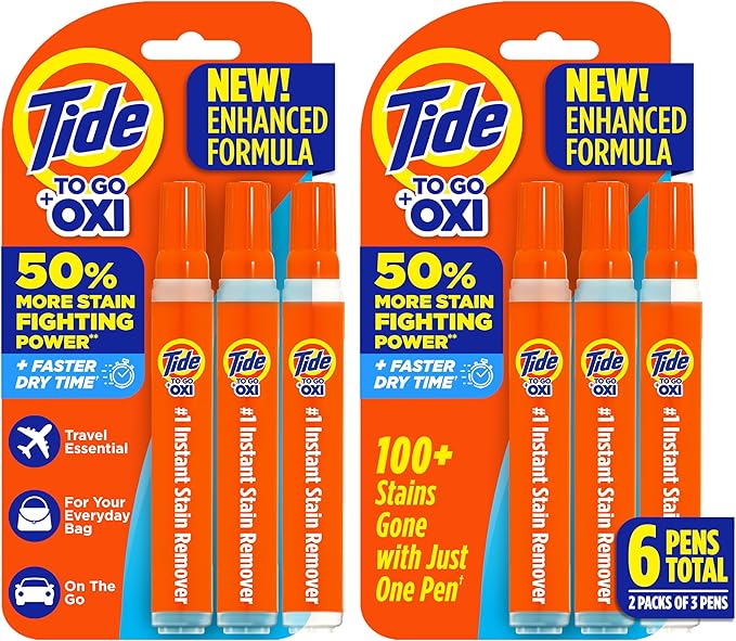 Tide Pen Stain Remover for Clothes, To Go Pen, Instant Stain Remover Pen & Spot Cleaner, Portable & Travel-Friendly, Works on Food & Drink Stains, Fits in Purses & Bags, 3 Count (Pack of 2)