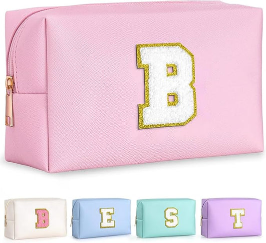 TOPEAST Preppy Patch Makeup Bag, Chenille Letter Pouch Cosmetic Bag, PU Leather Waterproof Toiletry Bag, Personalized Birthday Gift for Women Girl, Cute Stuff for Girls (Pink B)