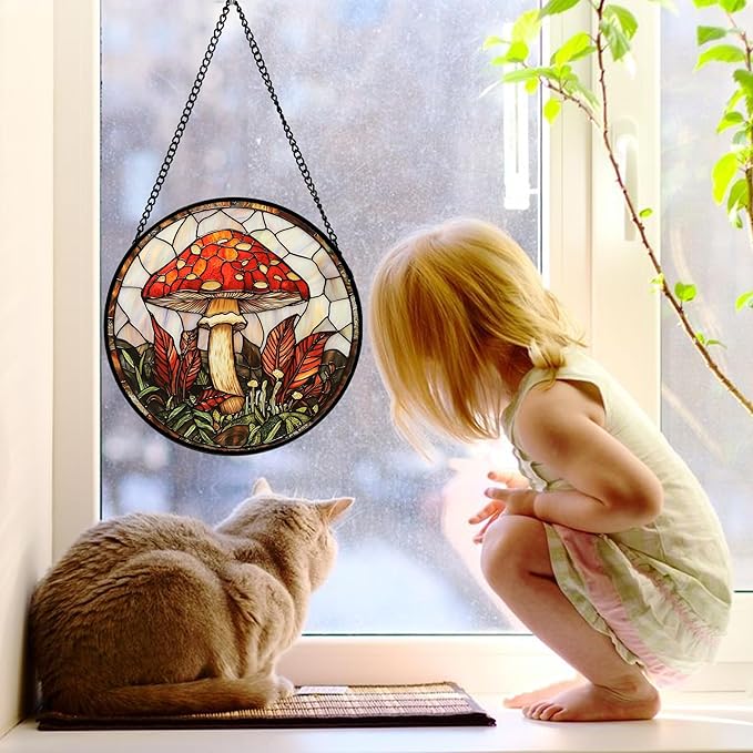 Stained Glass Window Hanging, Big Red Mushroom Suncatcher for Doors Home Sun Catchers Decoration and Christmas, Mother's Day Birthday Gifts for Women, Men, and Mom 9.8 in