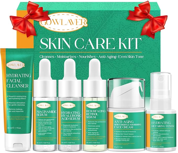 Skin Care Set for Women Teen 6 Pcs - Hydrating & Anti-Aging Facial Routine Skincare Products,Cleanser,Toner,Retinol Serum,Niacinamide Hyaluronic Acid Serum & Face Cream - Gifts Women Christmas