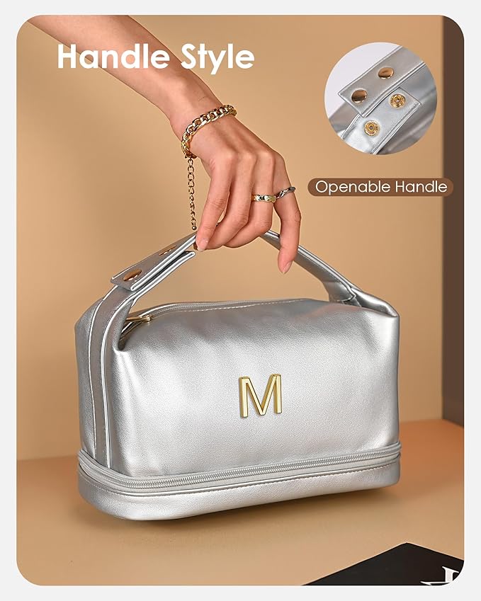 Gifts for Young Women, Personalized Makeup Bag with Handle, Initial Double Layer Cosmetic Bag with Makeup Brush Organizer, Cute Cosmetic Pouch for Women, Gifts for Friends Female Mom