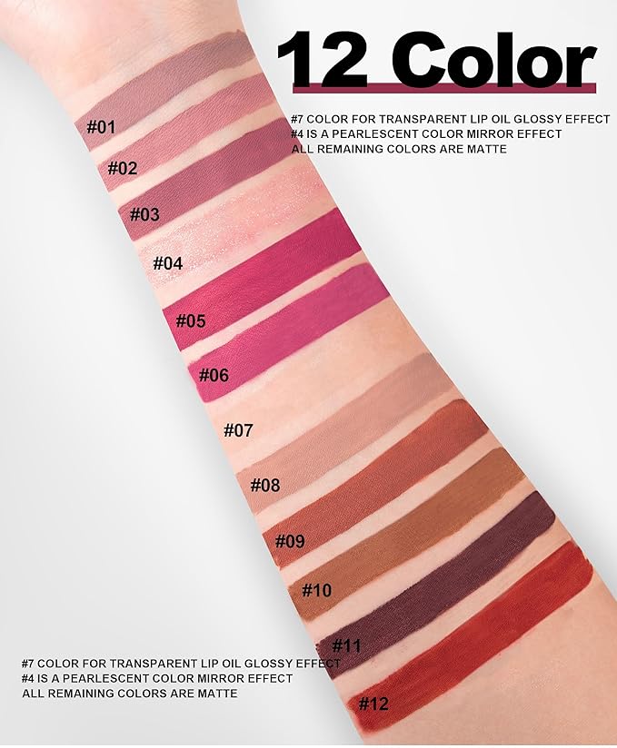 MAEPEOR 12Pcs Velvet Matte Liquid Lipstick Set Waterproof Long Lasting Quick-drying Non-Stick Cup Nude Lip Stain Kit