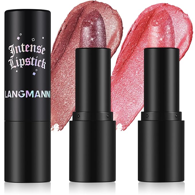 Jolilab 2 Pcs Sparkling Lipstick Lip Gloss Long Lasting Waterproof Moisturizer Lip Balm Glitter Shimmer Metallic, Diamond Shiny Bold Glow Goth Lipstick for Women Girls, Non-sticky