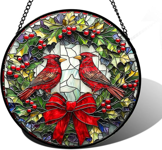 Stained Glass Window Hanging - Cardinals Green Wreath Suncatcher for Doors Home Christmas Decoration Red Bird Sun Catcher Thanksgiving New Year Birthday Gift for Women Men Mom Nana 9.8 in