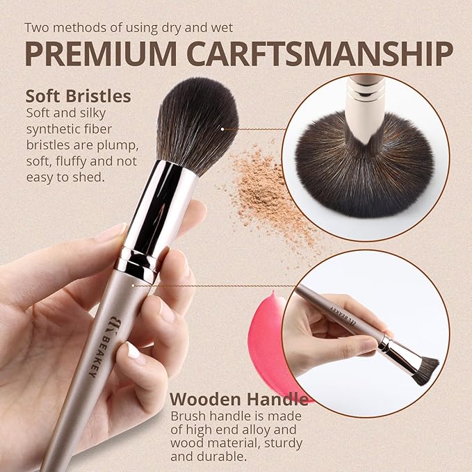 BEAKEY 12pcs Vegan Makeup Brush Set Soft high-density Taklon fibers,durable birch handles,zero shedding,easy to clean,perfect for creating any look