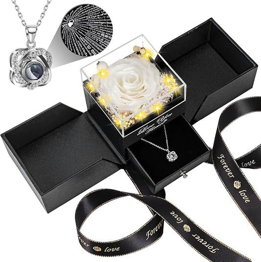 Preserved White Real Rose -Eternal Flowers Rose Birthday Gifts for Her Mom Wife Girlfriend Grandma on Valentines Mothers Day Christmas Anniversary Romantic- White