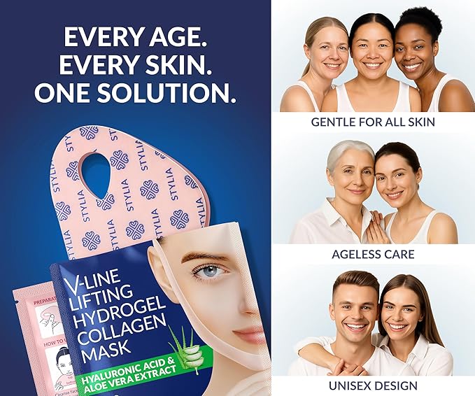 Stylia V Line Lifting Collagen Face Mask - Double Chin Strap for Women - Jawline Shaper Face Lift Tape - Neck Lift Collagen Mask - Chin Strap for Sleeping - Hyaluronic Acid, Aloe Vera, Cica 2PC