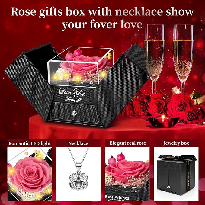 Preserved Pink Real Rose with Heart I Love You Necklace -Eternal Flowers Rose Birthday Gifts for Her Mom Wife Girlfriend Grandma on Valentines Mothers Day Christmas Anniversary Romantic-Pink