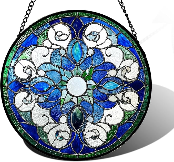 Stained Glass Window Hanging, Boho Style Sun Catchers Diamond Glass Panel Hangings Tiffany Suncatcher Decor for Birthday for Women, Men, Wife, Aunt, and Mom 11.8x11.8 in