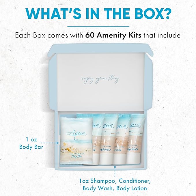 Aqua Organics Amenity Kit | Boxed Hotel Toiletries Bulk Set | 1 oz Shampoo, Conditioner, Lotion, Body Wash & Bar Soap | 300 Sets per Case