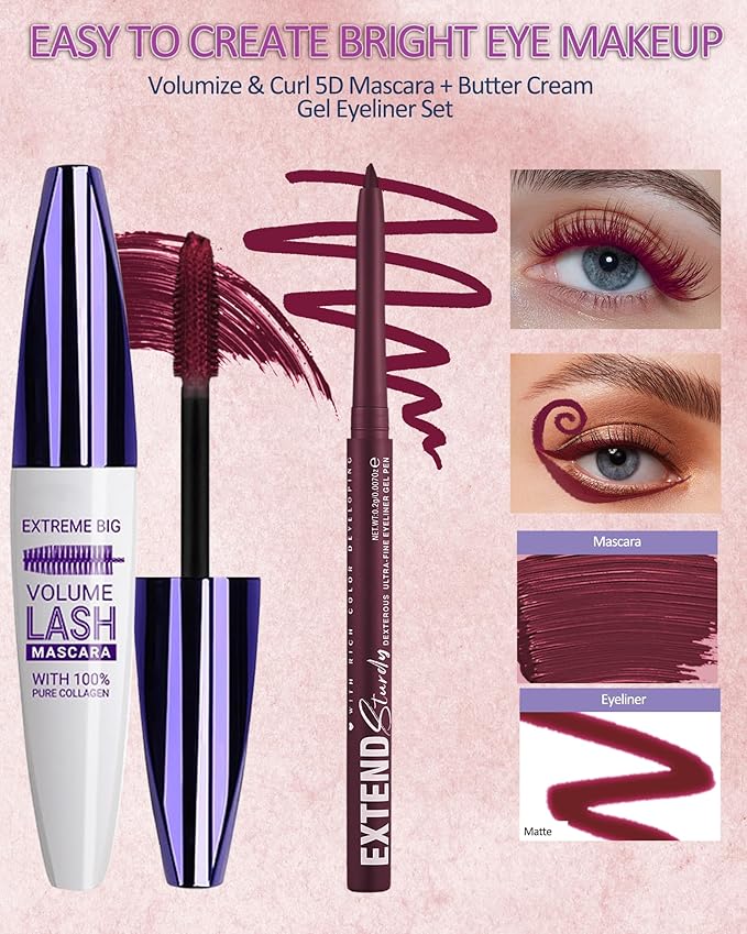 Burgundy Red Mascara and Eyeliner Set,5D Waterproof Burgundy Mascara Volume and Length Natural Lengthening Curling,SmudgeProof Red Eyeliner Pencil,Natural Eye Makeup Gift Kit for Women in Halloween-07