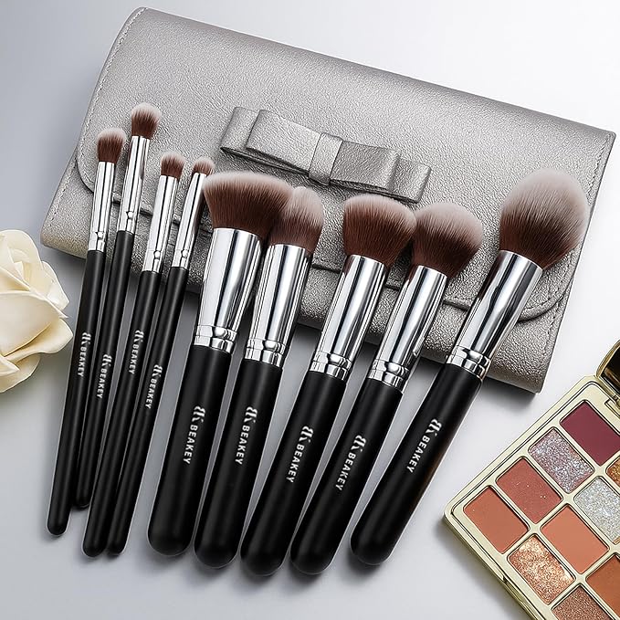 BEAKEY Makeup Brushes Set Premium Foundation Concealer Blush Bronzer Eye Shadow 10+2 PCS Brushes & Blender Sponges with Portable Makeup Bag