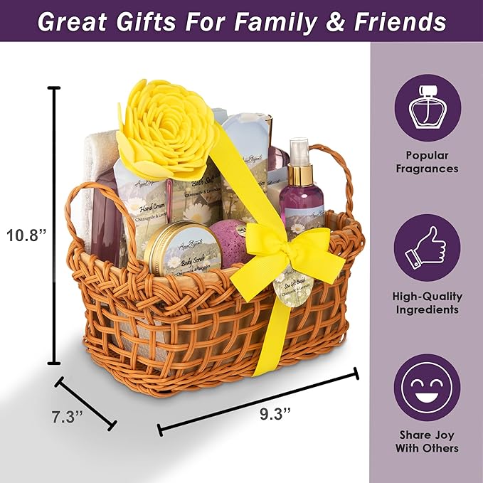 Spa Baskets For Women - Luxury Bath Set With Lavender & Chamomile - Spa Kit Includes Wash, Bubble Bath, Lotion, Bath Salts, Body Scrub, Body Spray, Shower Puff, Bathbombs, Soap and Towel